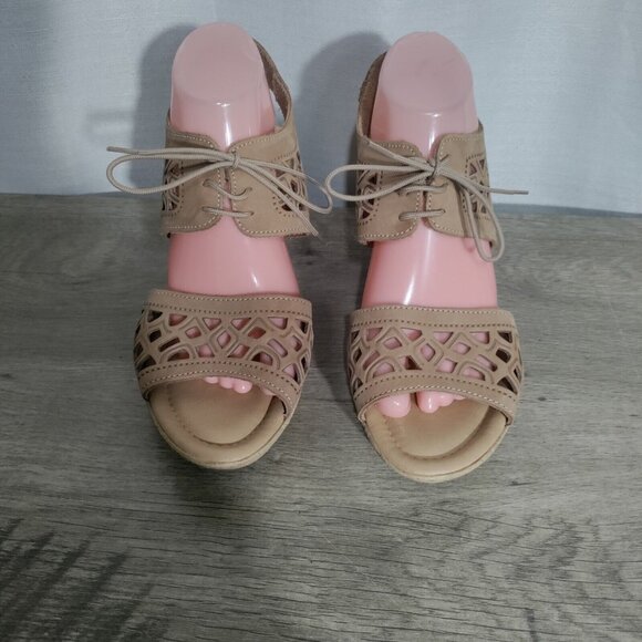 Spring Step Lamay Beige Leather Upper Open-toe Lace-up Wedge Size 40 US 10 - Picture 2 of 9